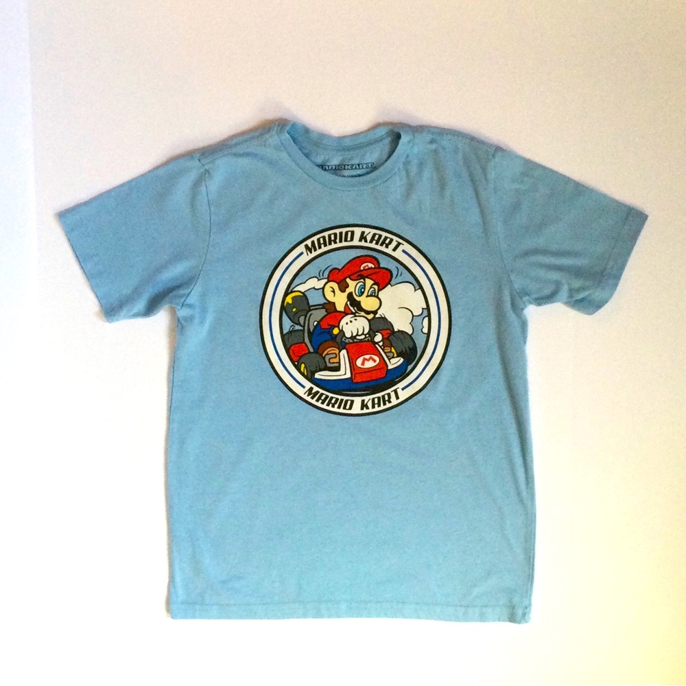 Mario Kart Boys Size L (10-12) Light Blue Graphic Tee